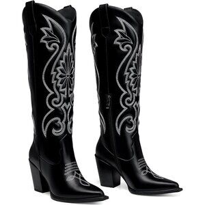 Women's Black White Pointed Toe Trendy Knee High Chunky Heels Cowgirl Boot